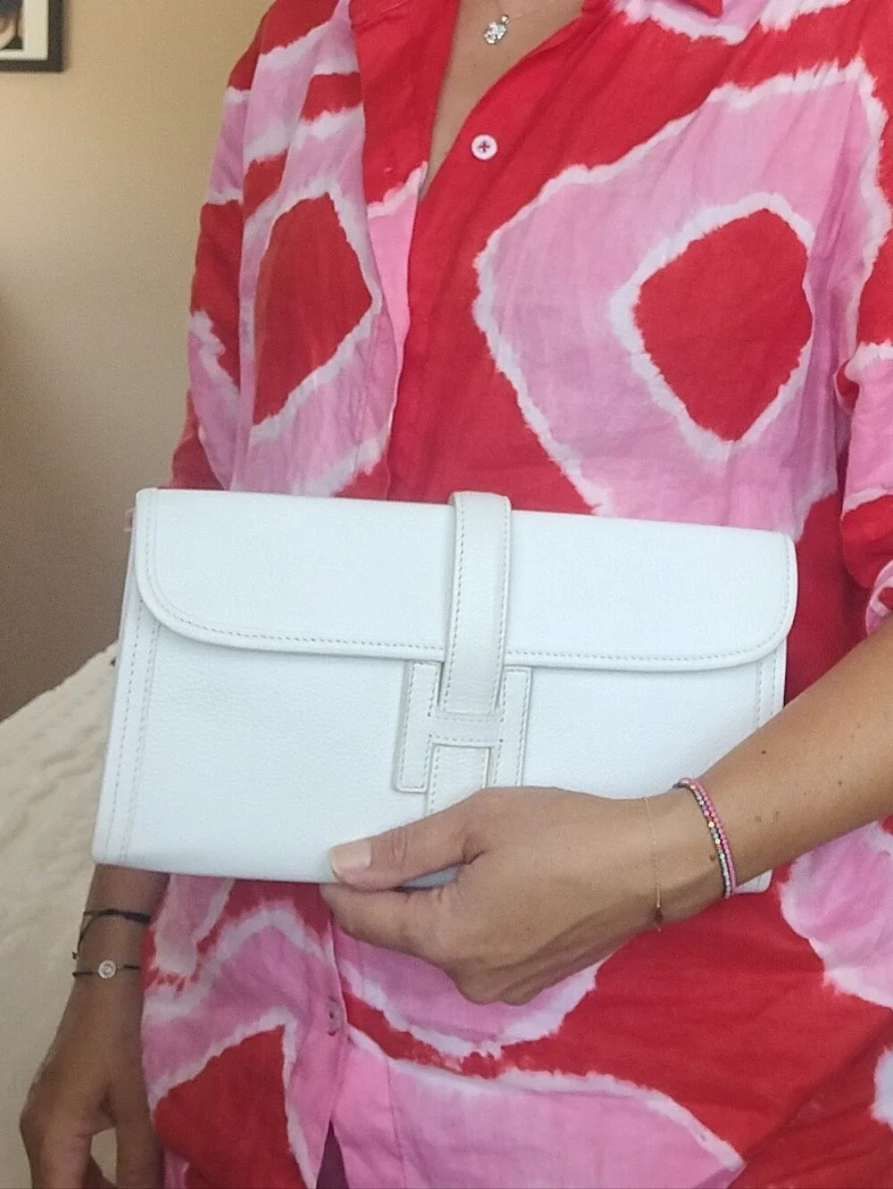 Hermes Jige White Leather Clutch